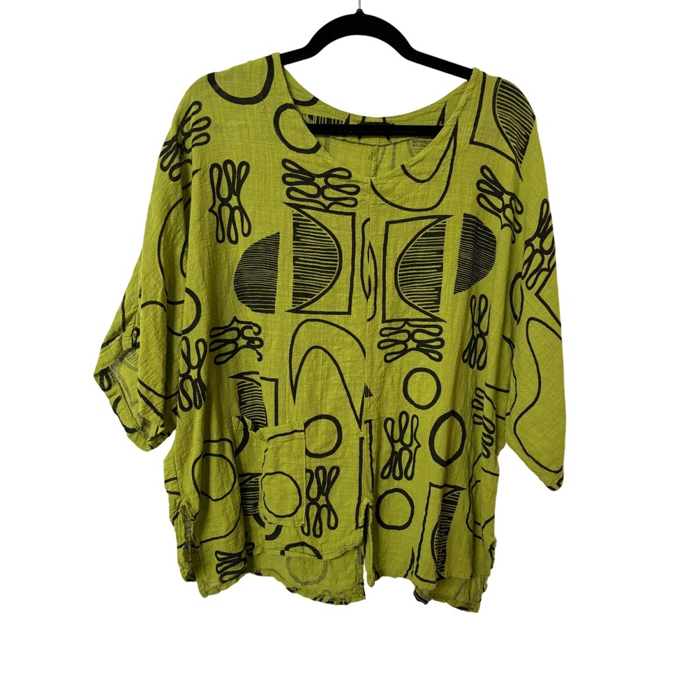 Froccella Italy Linen Cotton Abstract Geometric Print Oversized Top Green OS